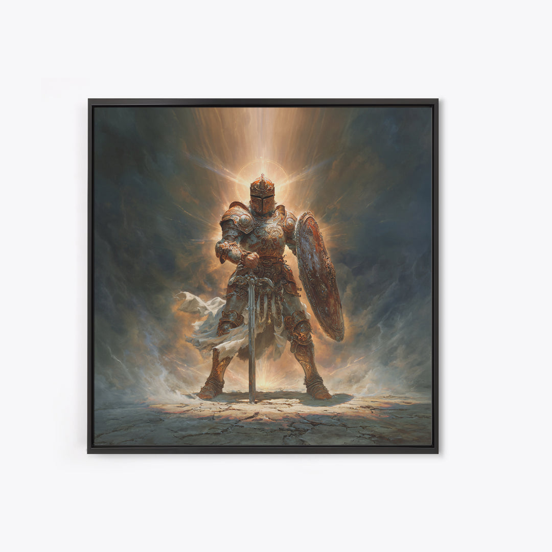 Glowing Medieval Knight Framed Canvas Print, Fantasy Wall Art, Warrior Armor Painting For Man Cave Decor And Gift For Him