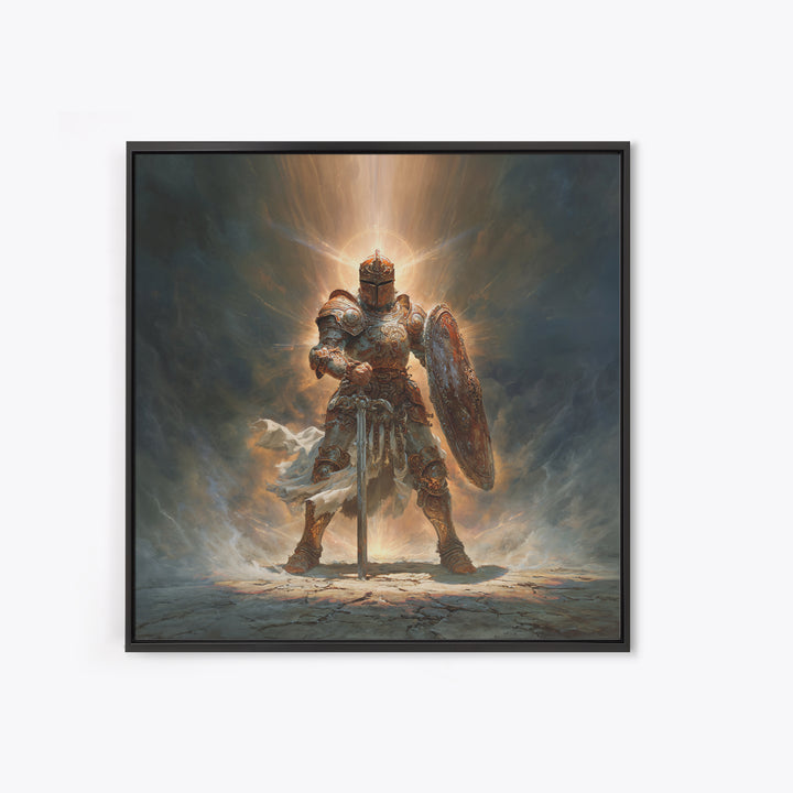Glowing Medieval Knight Framed Canvas Print, Fantasy Wall Art, Warrior Armor Painting For Man Cave Decor And Gift For Him