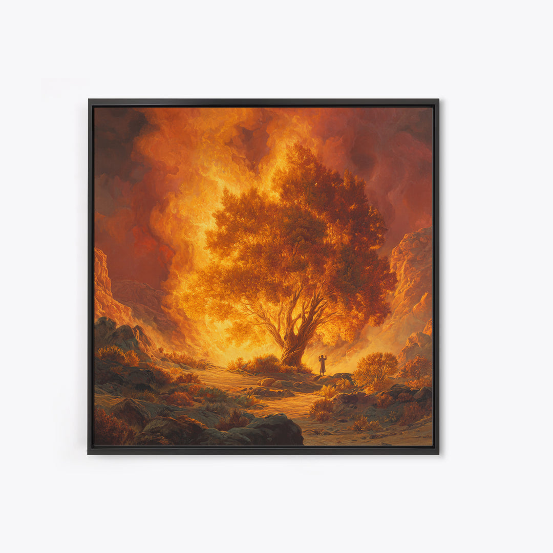 Fiery Burning Bush In Desert Wall Art, Biblical Christian Canvas Print, Spiritual Landscape Decor, Religious Housewarming Gift