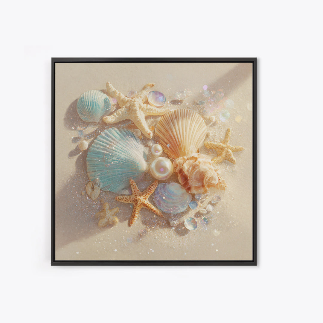 Seashells Starfish And Pearls Wall Art, Coastal Beach Canvas Print, Ocean Life Decor For Bathroom Or Beach House Home Decor