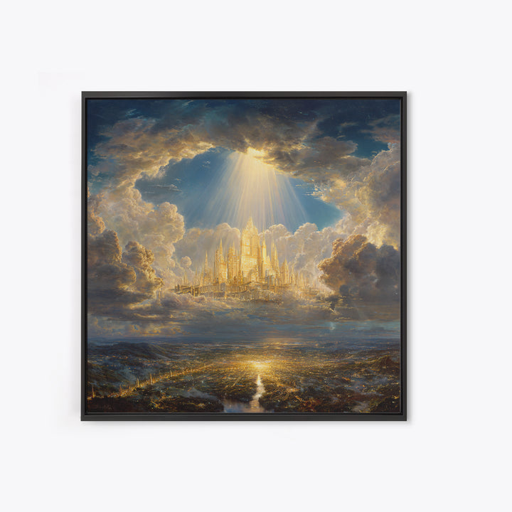 Golden Celestial City Above Clouds Wall Art, Heavenly Fantasy Canvas Print, Spiritual Landscape Decor, Statement Artwork Gift