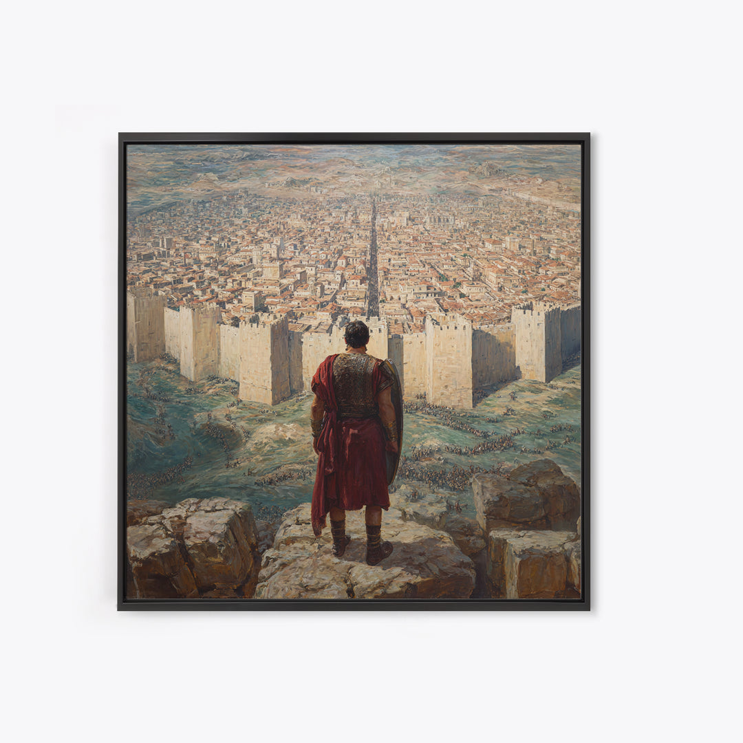 Warrior Over Ancient Walled City Wall Art, Biblical Landscape Framed Canvas Print, Historical Masculine Office Decor Gift