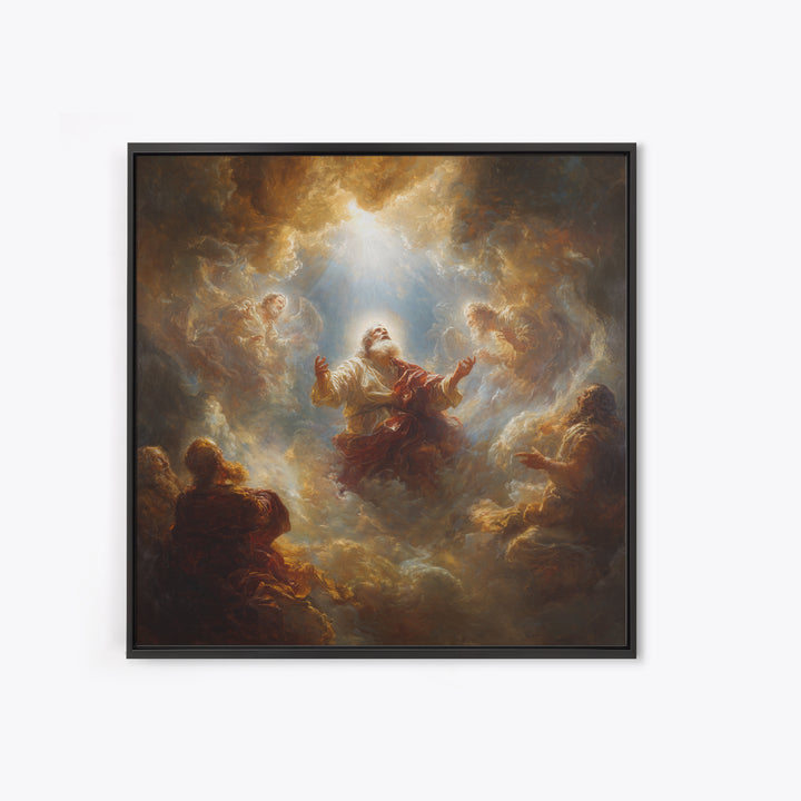 Biblical Prophet Ascending In Golden Clouds Framed Canvas Print, Christian Wall Art, Religious Home Decor, Prayer Room Gift