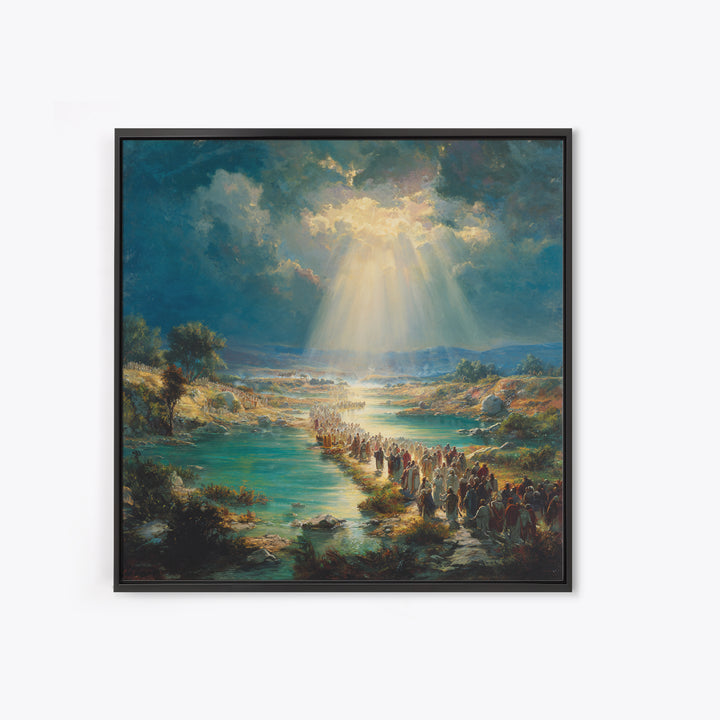 Biblical River Crossing Canvas Print, Radiant Sunbeams Over Sacred Landscape, Christian Wall Art, Religious Home Decor, Prayer Room Decor