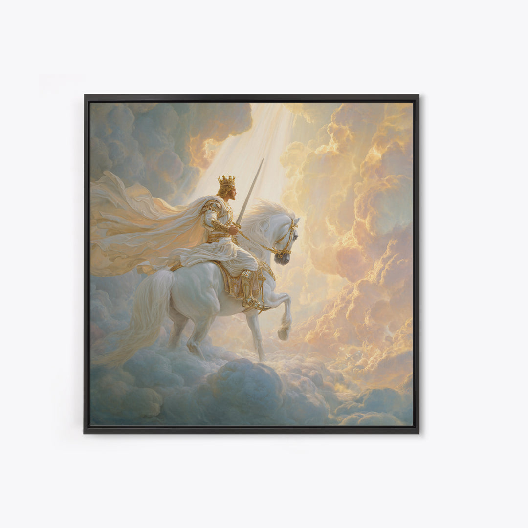 Heavenly King On White Horse Wall Art, Biblical Fantasy Art Print, Christian Home Decor, Ethereal Clouds Framed Canvas Print