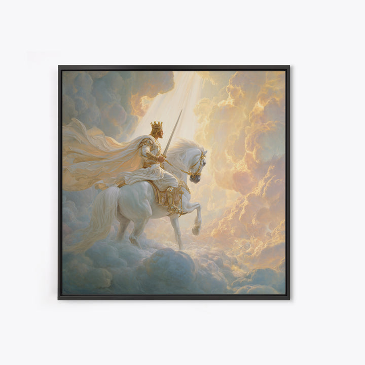 Heavenly King On White Horse Wall Art, Biblical Fantasy Art Print, Christian Home Decor, Ethereal Clouds Framed Canvas Print