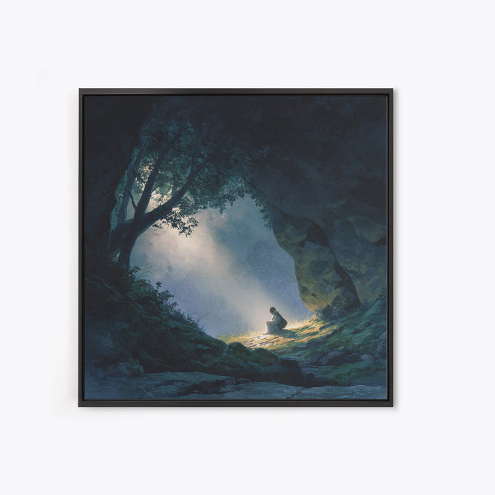 Mystic Cave Seeker Framed Canvas Print, Fantasy Wall Art, Moody Forest Decor, Surreal Adventure Art, Meditation Room Decor