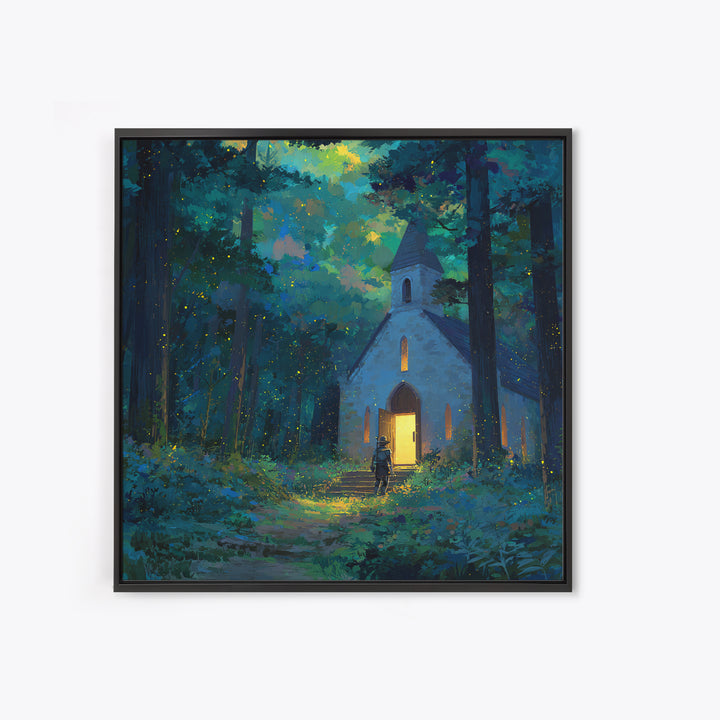 Glowing Chapel In Enchanted Forest Wall Art, Whimsical Christian Canvas Print, Fairy Tale Decor, Kids Room Art, Nursery Decor