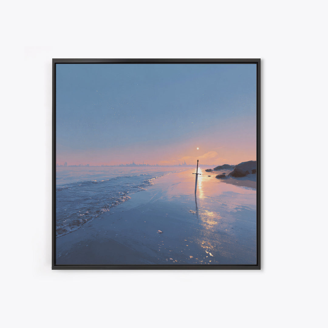 Pastel Beach Sunset With Sword Reflection Wall Art, Coastal Canvas Print, Minimal Ocean Landscape Bedroom Decor Gift For Her