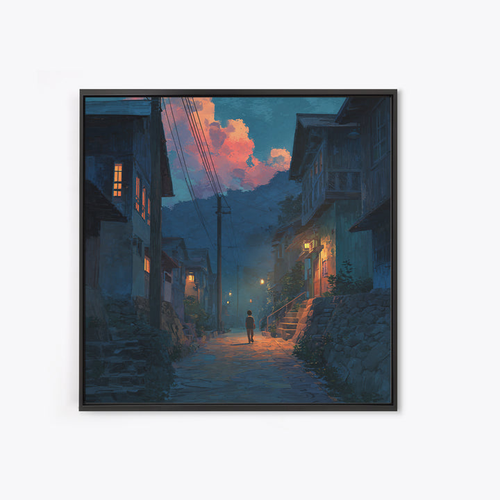 Child Walking Through Twilight Mountain Village Canvas Print, Moody Alley Wall Art, Cozy Blue Landscape, Whimsical Decor