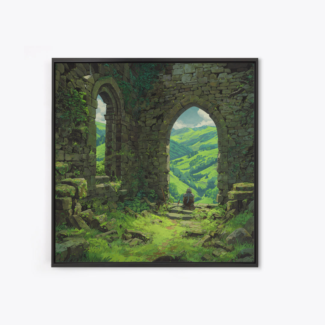 Castle Ruins Green Valley Knight Wall Art, Fantasy Landscape Canvas Print, Medieval Adventure Home Decor, Gamer Gift For Him
