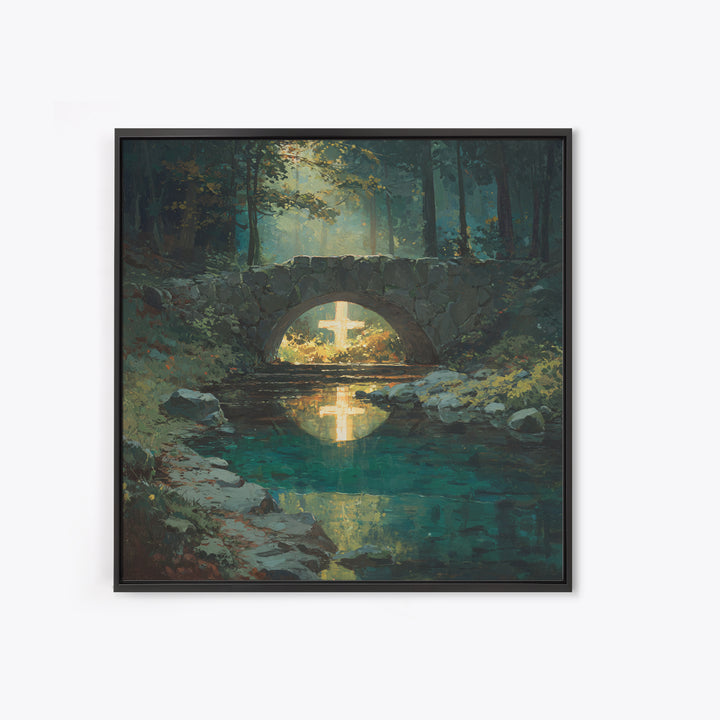 Glowing Cross Beneath Stone Bridge Framed Canvas Print, Christian Wall Art, Forest Stream Landscape, Calming Home Decor Gift