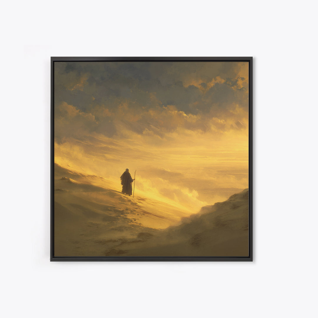 Lone Pilgrim Crossing Golden Desert Wall Art, Spiritual Landscape Canvas Print, Minimalist Desert Decor, Warm Neutral Home Decor