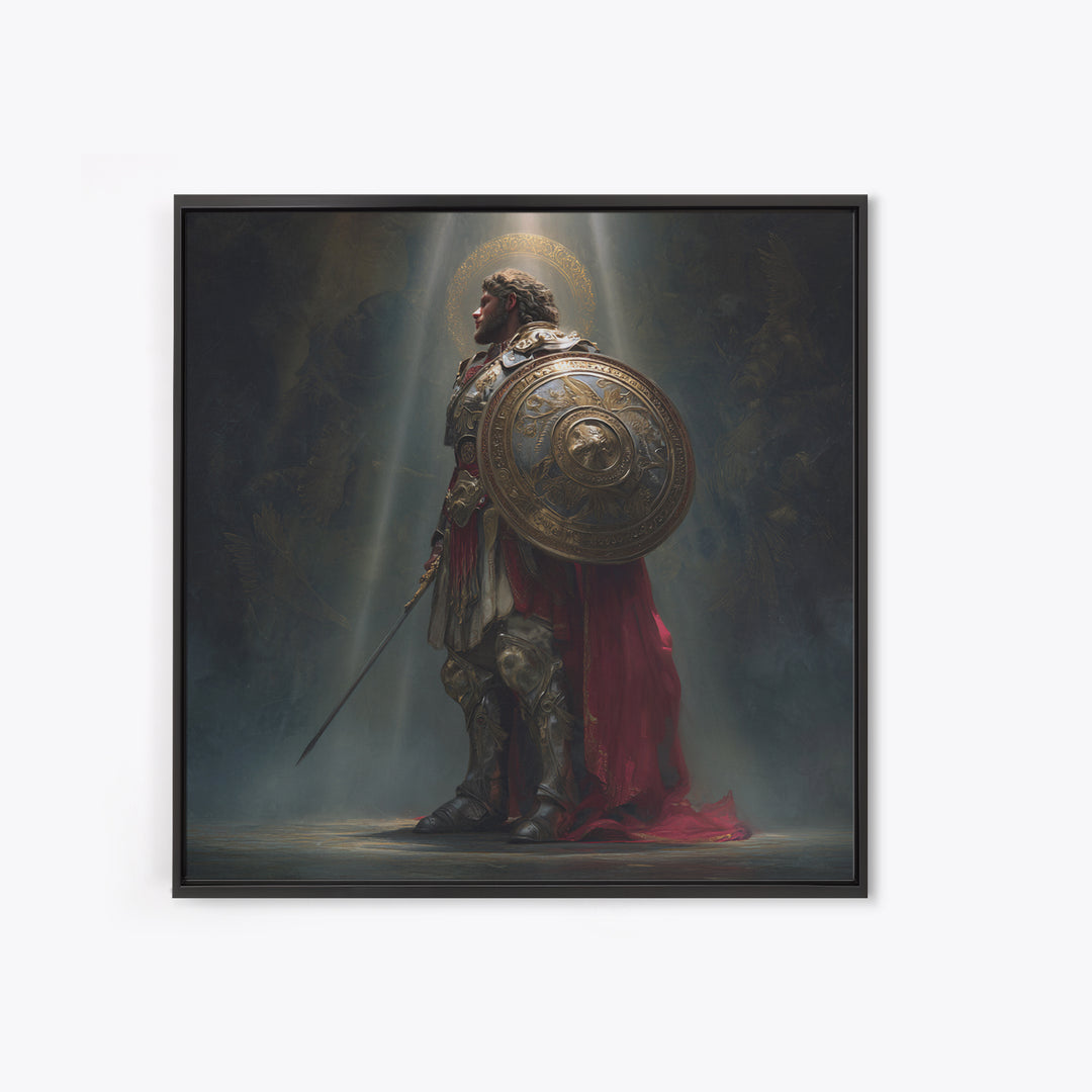 Angelic Warrior With Shield Framed Canvas Print, Dark Fantasy Wall Art, Renaissance Knight Decor For Dramatic Home Decor