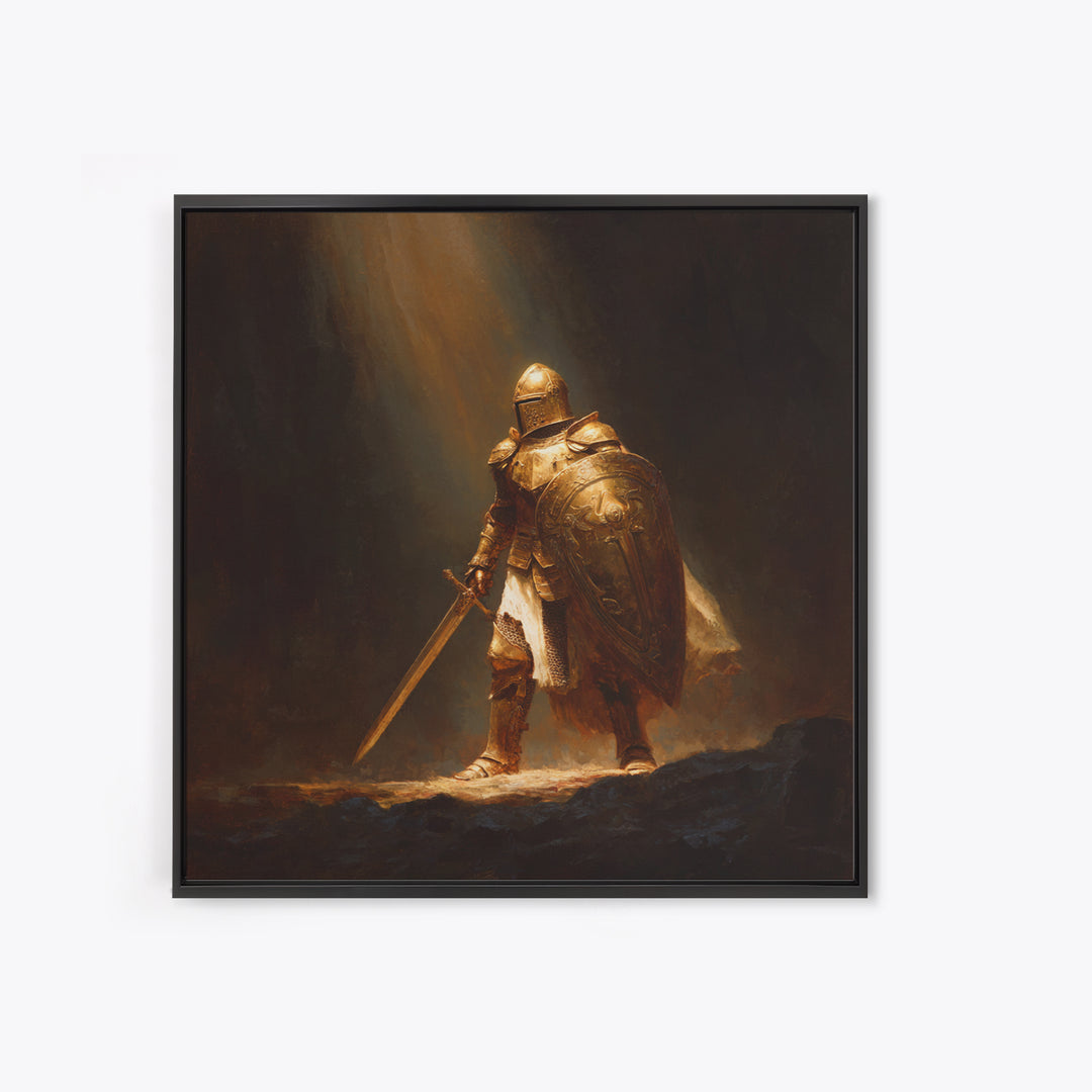 Golden Knight With Sword Canvas Print, Dark Fantasy Warrior Wall Art, Medieval Armor Painting, Masculine Office Decor, Gift For Him
