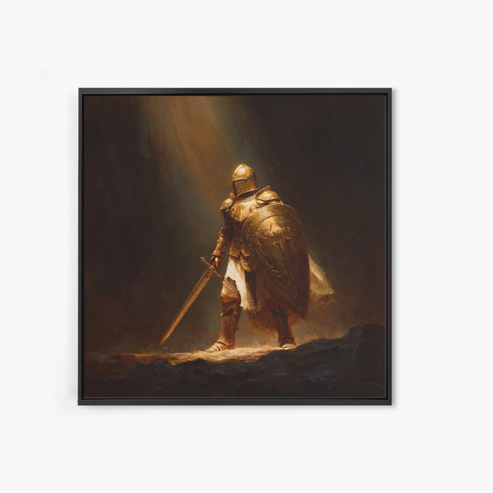 Golden Knight With Sword Canvas Print, Dark Fantasy Warrior Wall Art, Medieval Armor Painting, Masculine Office Decor, Gift For Him