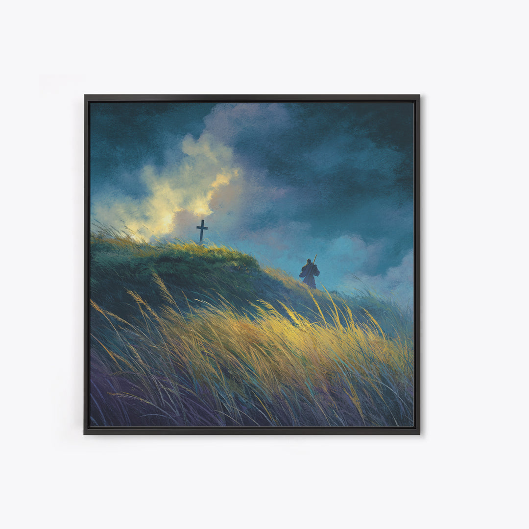Solitary Pilgrim Near Cross Wall Art, Moody Christian Canvas Print, Windy Grassland, Spiritual Landscape Decor Gift For Him