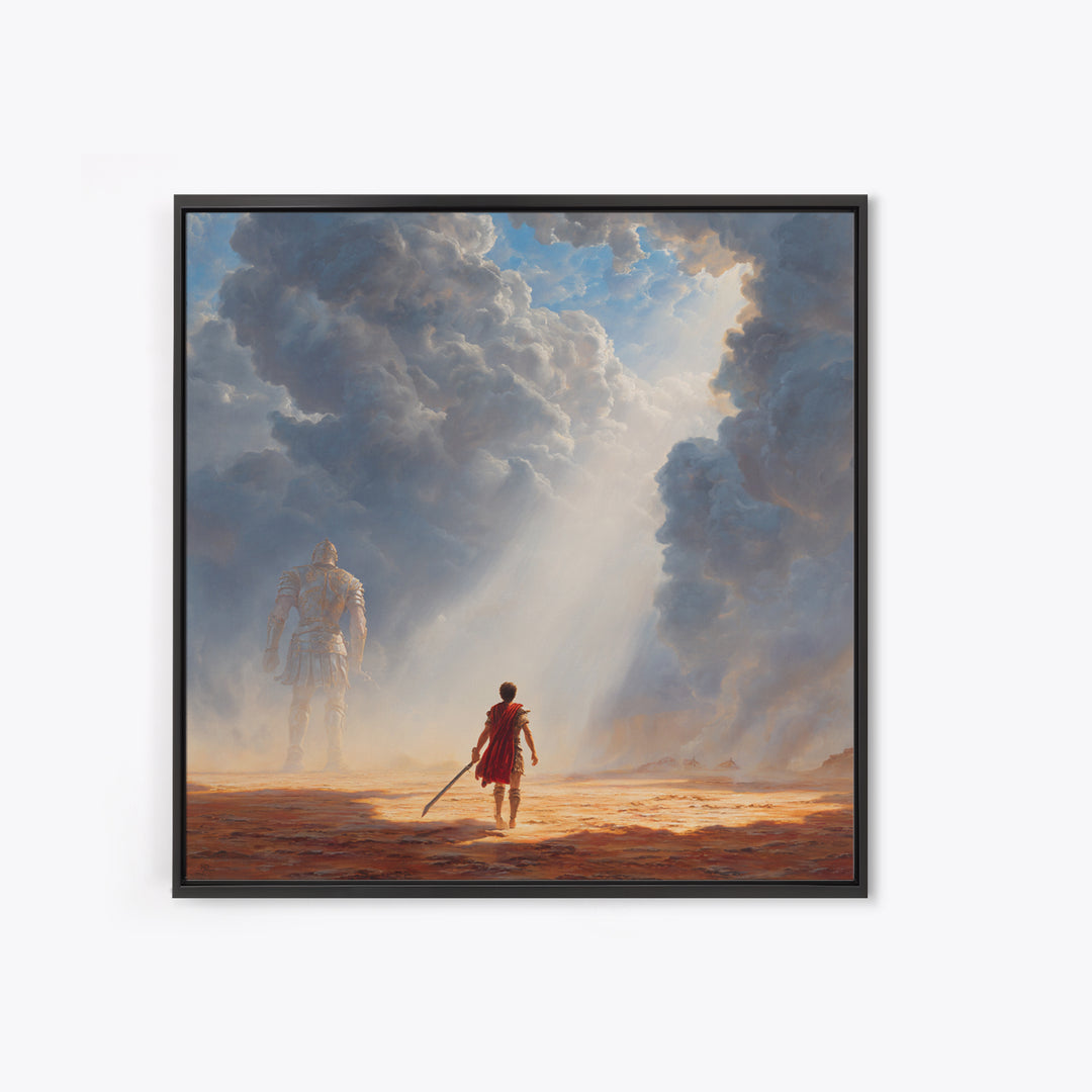 Young Hero Facing Cloud Giant Wall Art, Epic Fantasy Landscape Canvas Print, Mythological Adventure Decor, Gift For Gamer