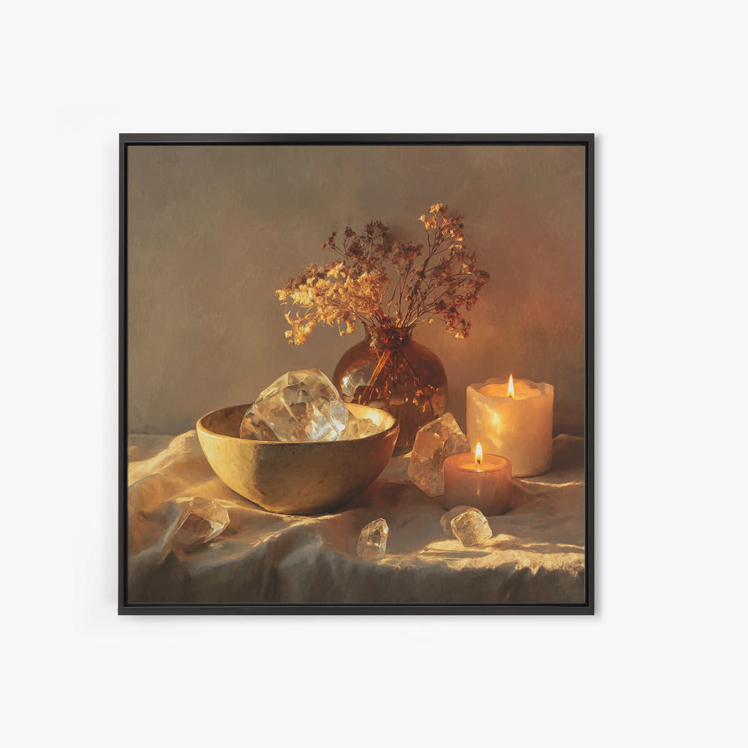 Glowing Candles Crystals And Dried Flowers Wall Art, Spiritual Still Life Canvas Print, Cozy Spa Decor For Bedroom And Meditation Room