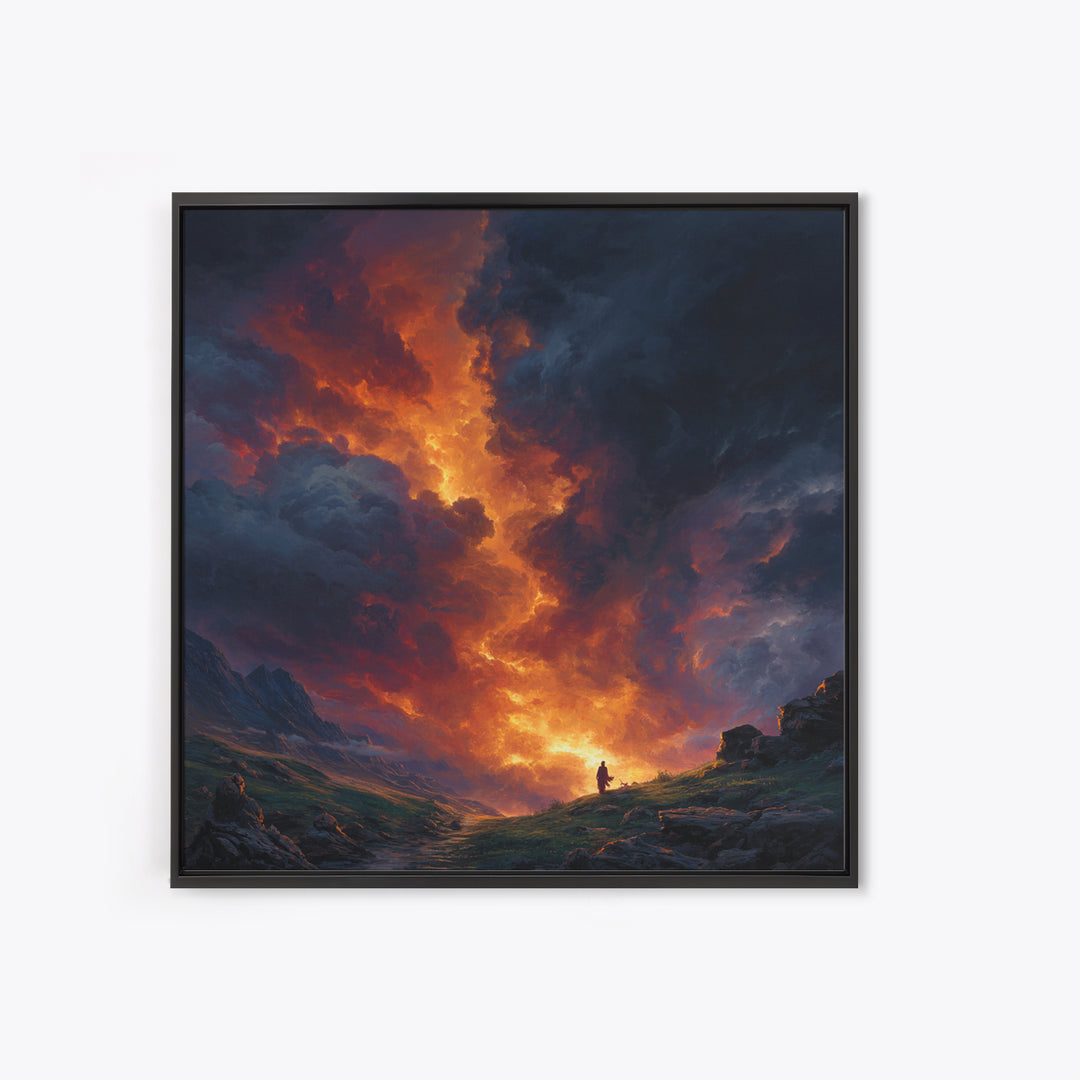 Fiery Mountain Storm At Sunset Wall Art, Dramatic Fantasy Landscape Canvas Print, Moody Maximalist Living Room Decor Gift