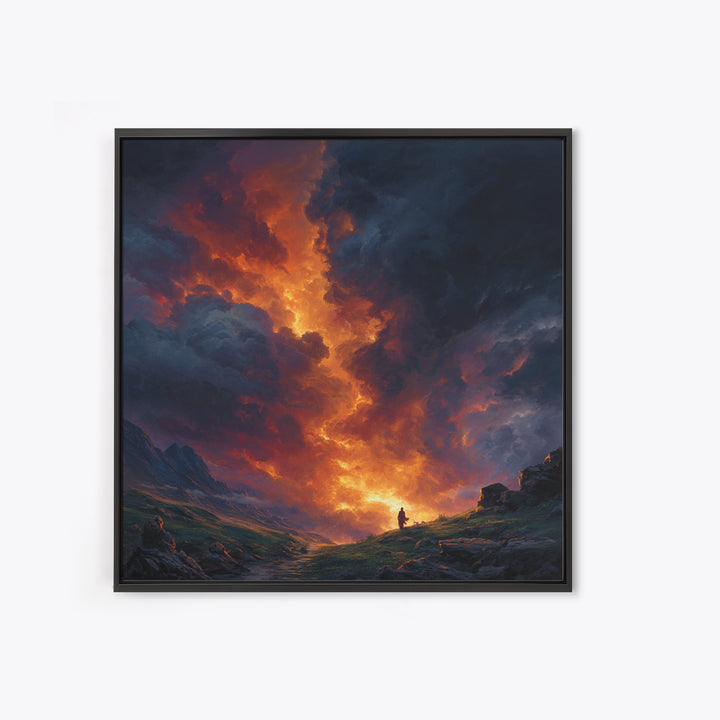 Fiery Mountain Storm At Sunset Wall Art, Dramatic Fantasy Landscape Canvas Print, Moody Maximalist Living Room Decor Gift