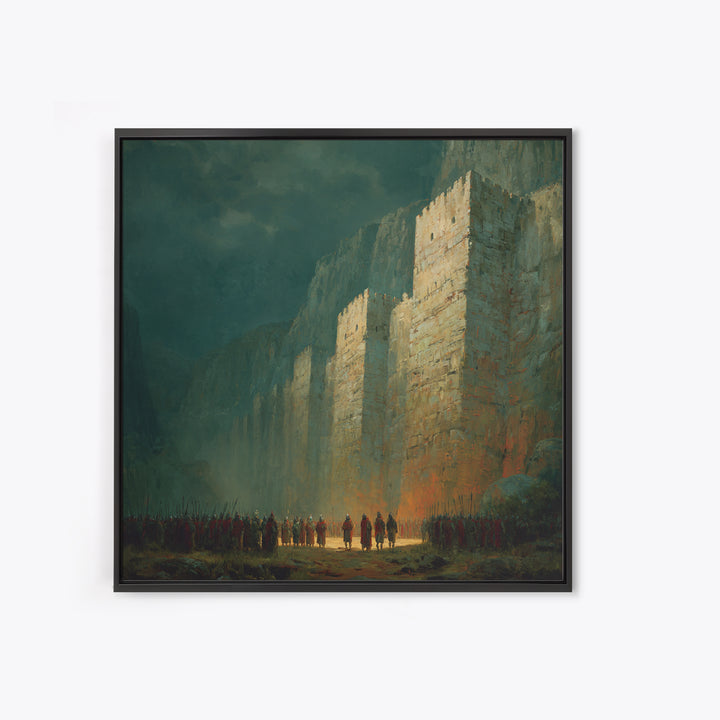 Towering Fortress In Misty Canyon Canvas Print, Epic Fantasy Wall Art, Medieval Castle Decor, Large Statement Artwork Print