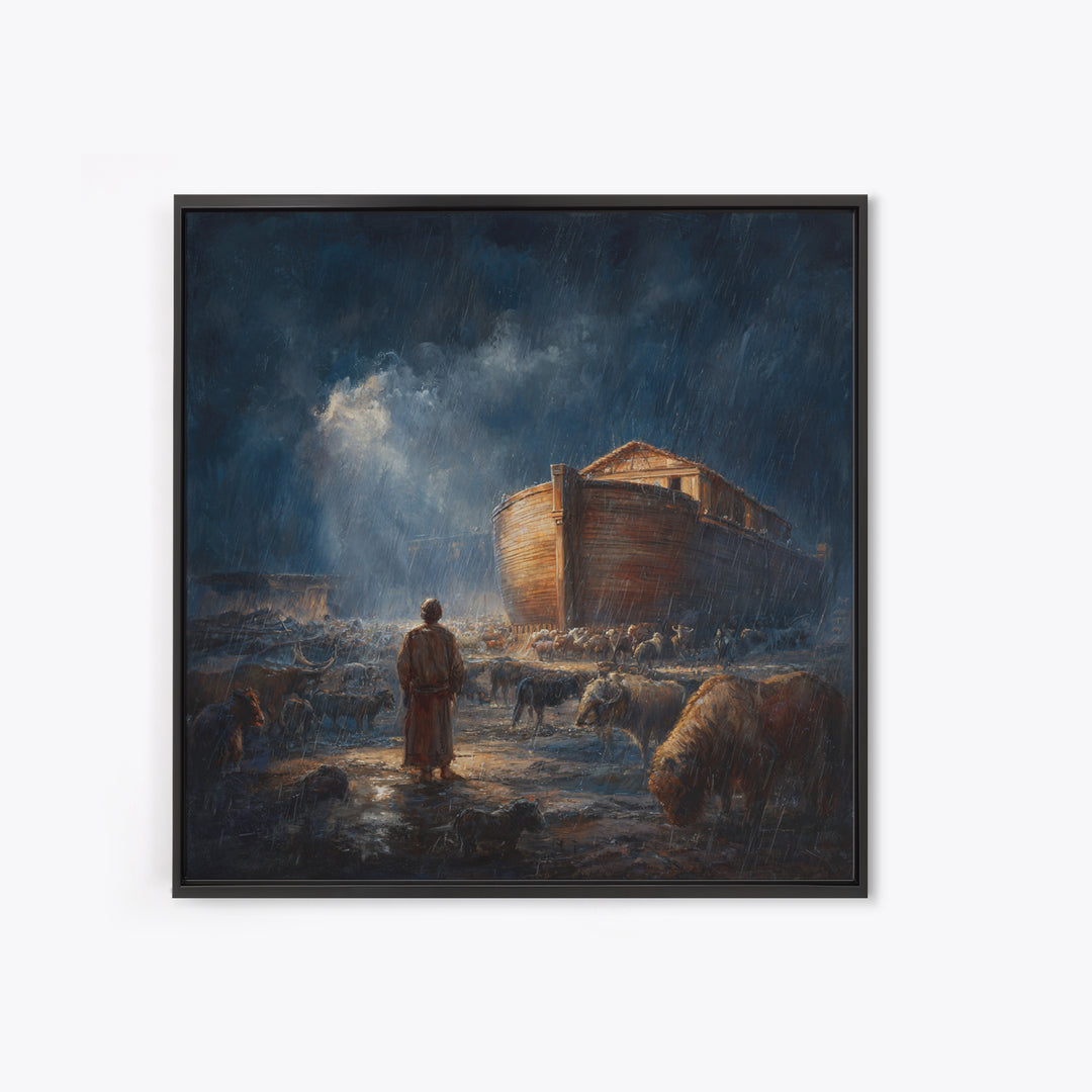Noahs Ark In Stormy Rain With Animals Canvas Print, Biblical Wall Art, Christian Decor, Dramatic Nursery Or Living Room Art