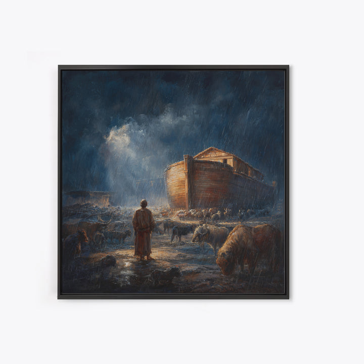 Noahs Ark In Stormy Rain With Animals Canvas Print, Biblical Wall Art, Christian Decor, Dramatic Nursery Or Living Room Art