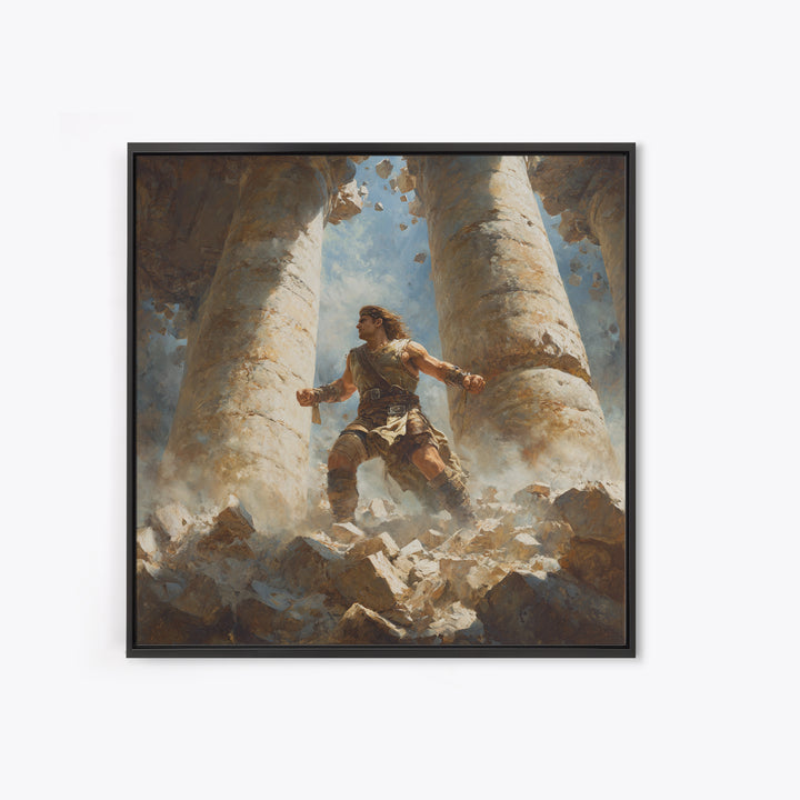 Heroic Warrior Among Crumbling Columns Wall Art, Fantasy Canvas Print, Ancient Ruins Decor, Mythology Artwork Gift For Him