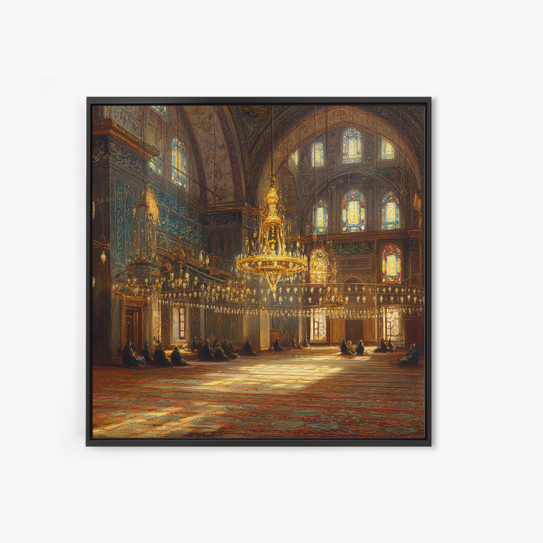 Ornate Mosque Chandelier Wall Art, Islamic Interior Canvas Print, Arabic Calligraphy Decor, Prayer Room Framed Canvas Art