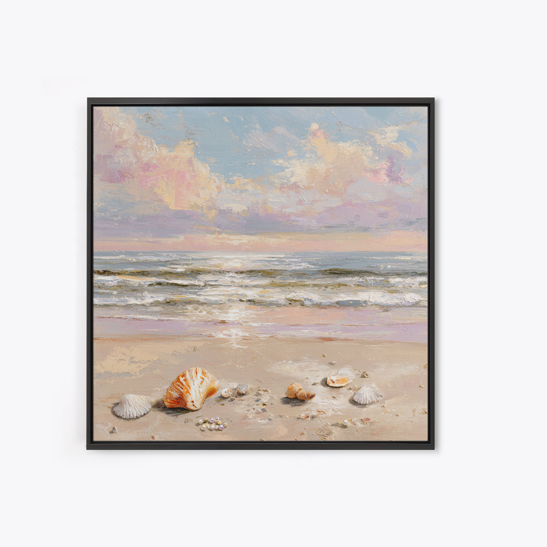 Pastel Ocean Waves And Seashells Wall Art, Coastal Seascape Framed Canvas Print, Beach House Living Room Decor For Bedroom