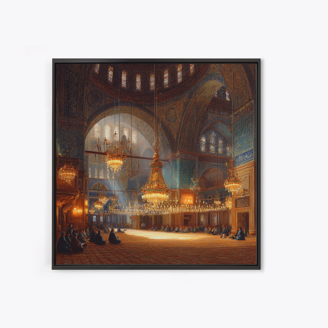 Ornate Mosque Interior With Chandeliers Wall Art, Islamic Architecture Framed Canvas Print, Prayer Room Decor, Luxury Wall Decor