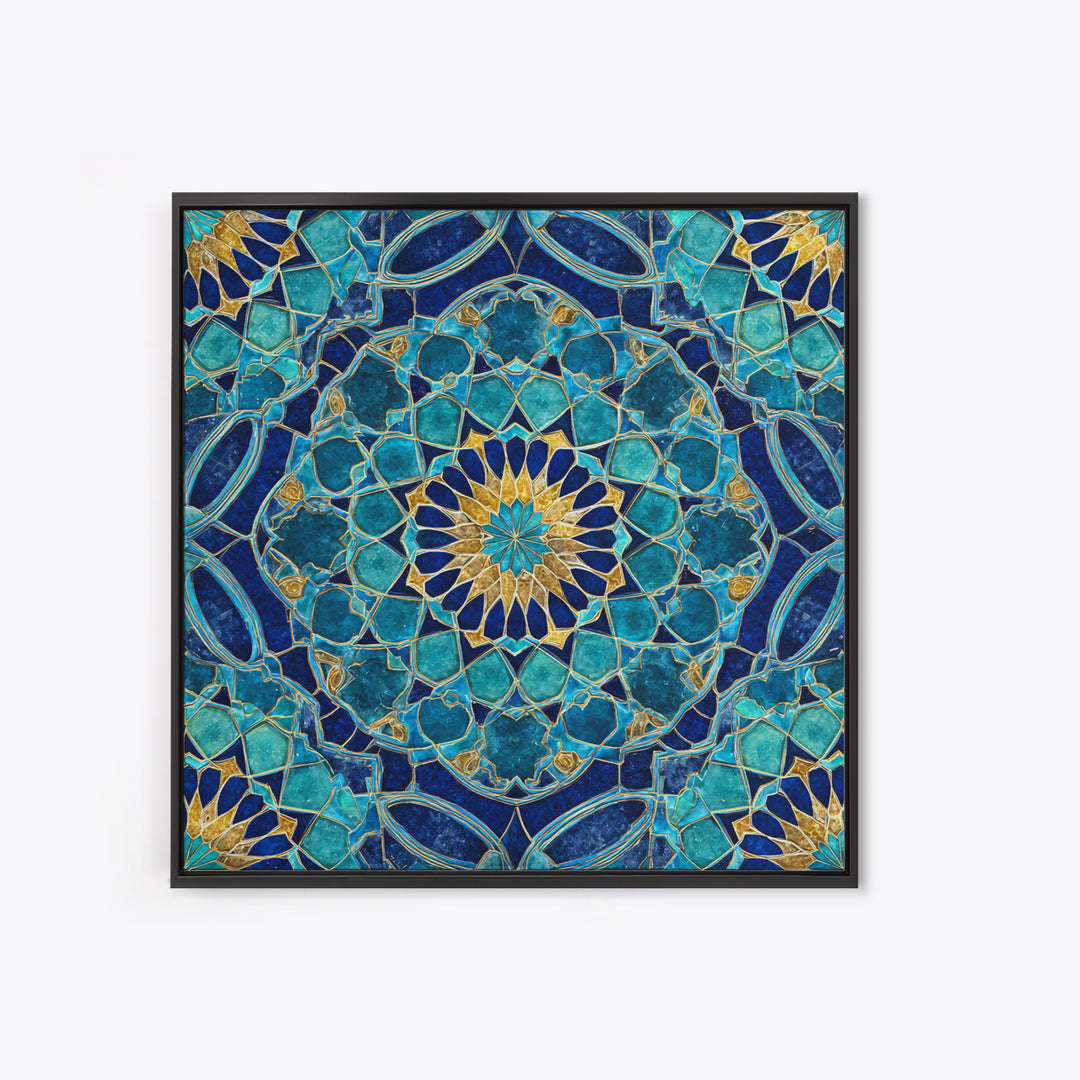 Teal Islamic Geometric Tile Wall Art, Moroccan Mosaic Pattern, Blue Gold Boho Decor, Mediterranean Canvas Print, Kitchen Decor