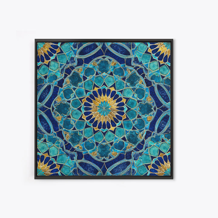 Teal Islamic Geometric Tile Wall Art, Moroccan Mosaic Pattern, Blue Gold Boho Decor, Mediterranean Canvas Print, Kitchen Decor