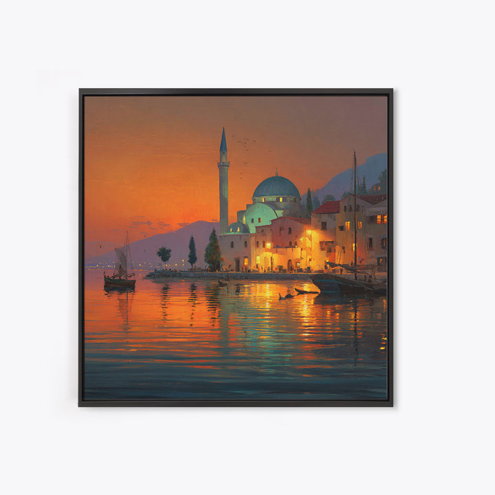 Waterfront Mosque At Orange Sunset Canvas Print, Islamic Architecture Art, Coastal Wall Decor, Travel Poster For Living Room