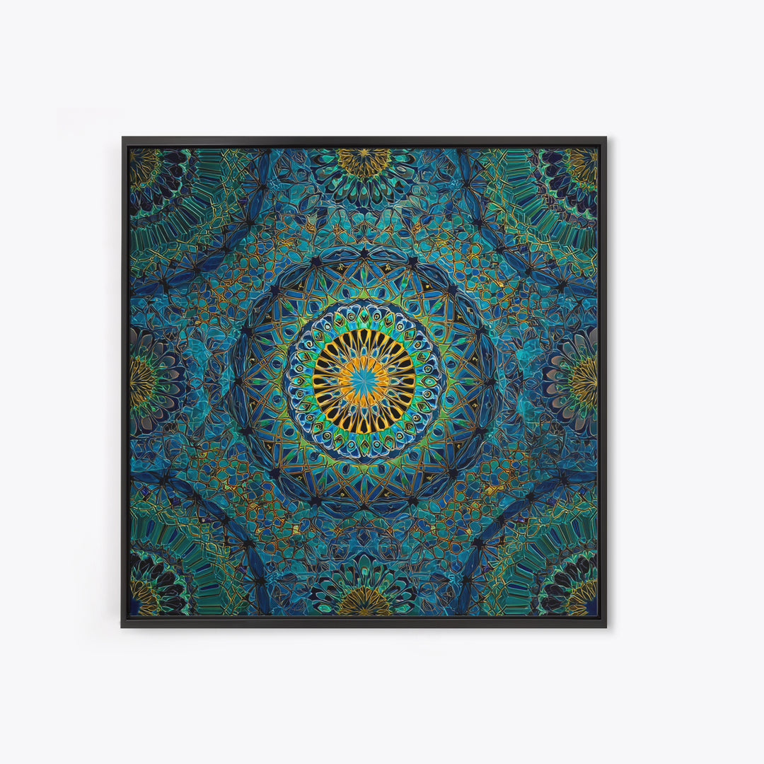 Teal Gold Geometric Mandala Wall Art, Sacred Geometry Abstract Print, Boho Spiritual Decor, Modern Meditation Room Art Gift