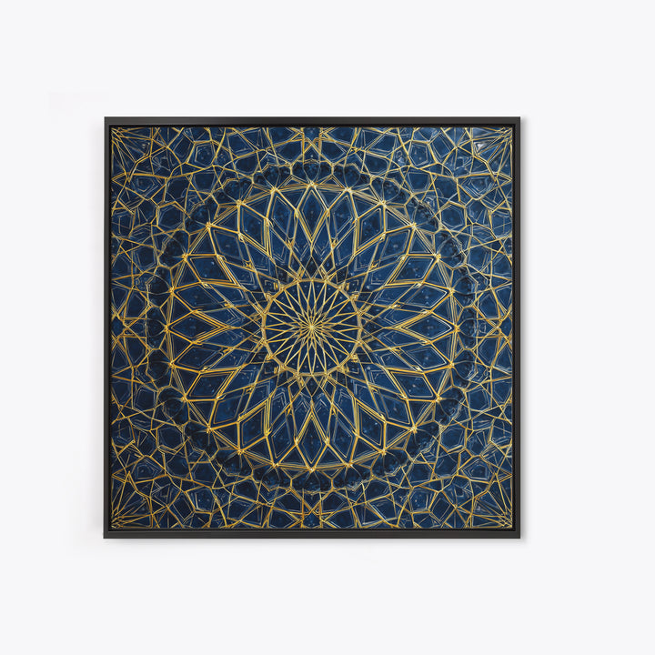 Blue Gold Geometric Mandala Canvas Print, Islamic Pattern Wall Art, Moroccan Abstract Decor For Meditation Room And Office