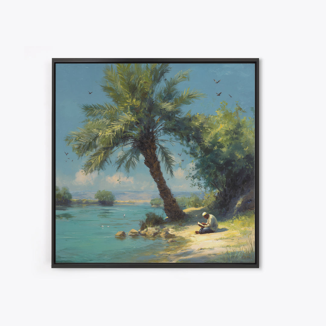 Leaning Palm By Blue Lagoon Wall Art, Tropical Coastal Landscape Painting, Serene Nature Decor, Mediterranean Canvas Print