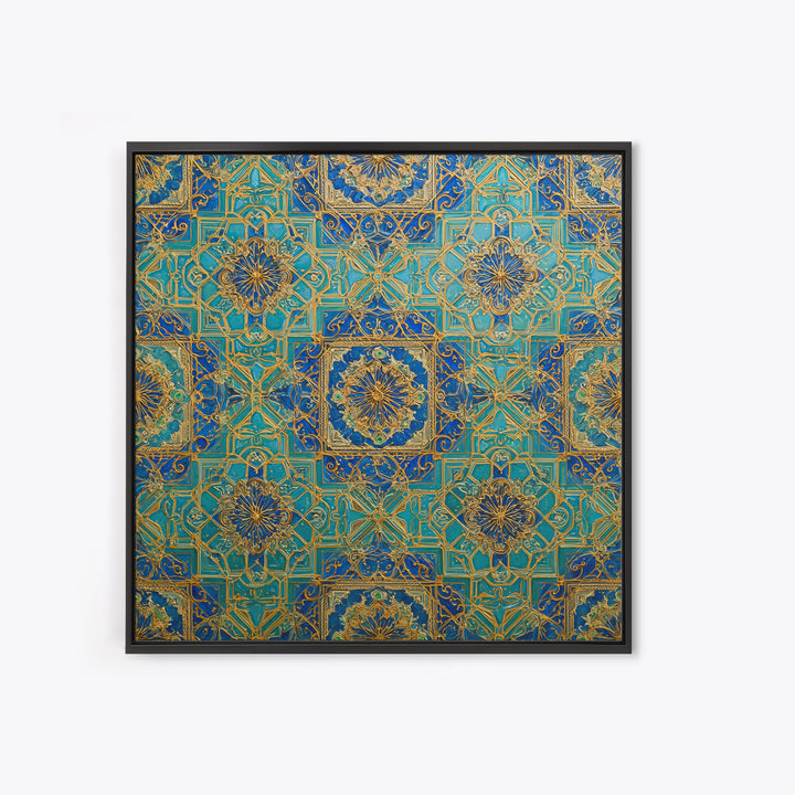 Blue And Gold Islamic Geometric Tile Wall Art, Moroccan Pattern Canvas Print For Elegant Home Decor And Meditation Room Decor