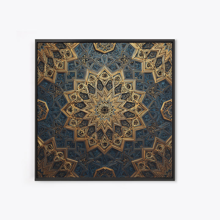 Blue Gold Islamic Geometric Mandala Wall Art, Sacred Geometry Pattern, Moroccan Tile Decor, Meditation Room Statement Print