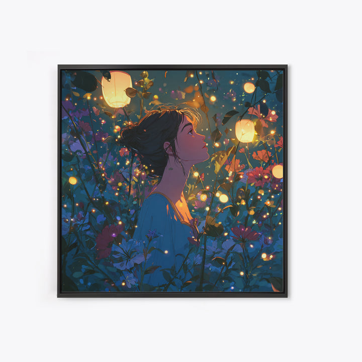Lantern Lit Girl In Enchanted Flower Garden Wall Art, Whimsical Fairycore Decor, Fantasy Floral Print For Bedroom Living Room Decor