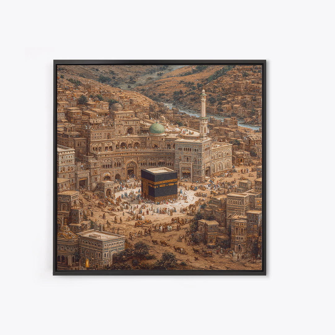 Kaaba In Ancient Mecca City Canvas Print, Islamic Architecture Wall Art, Hajj Prayer Room Decor Housewarming Gift For Muslim Home