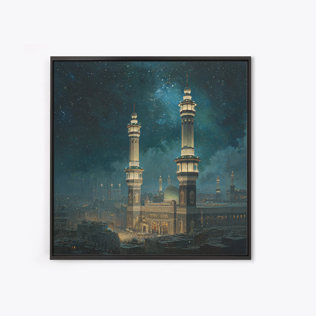 Starry Night Mosque Minarets Framed Canvas Print, Islamic Wall Art, Celestial Arabic Home Decor For Prayer Room And Eid Gift
