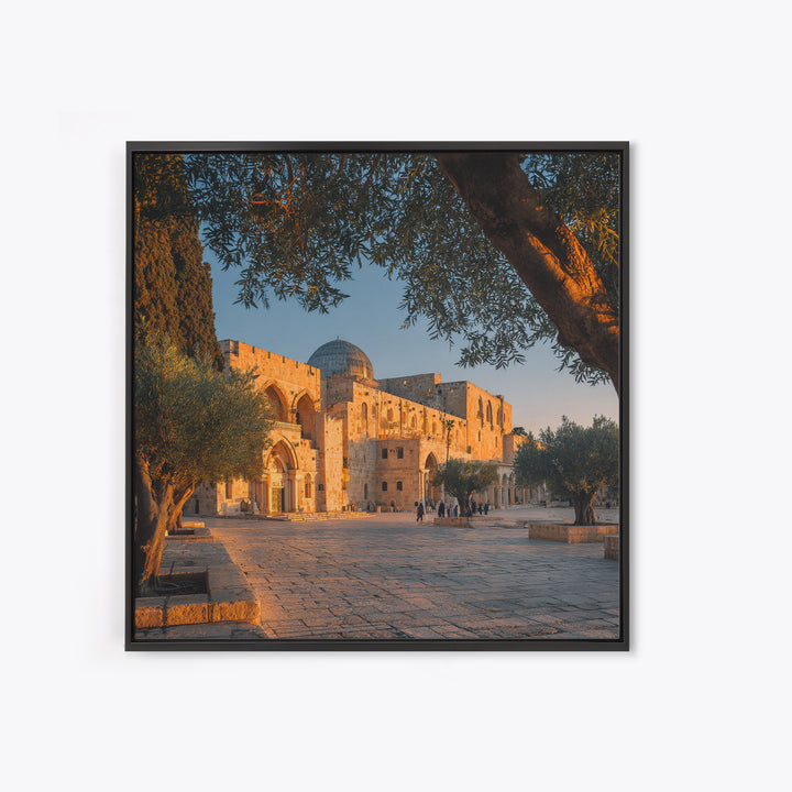 Golden Jerusalem Mosque Courtyard Wall Art, Islamic Architecture Print, Olive Tree Decor, Spiritual Travel Poster, Middle Eastern Decor