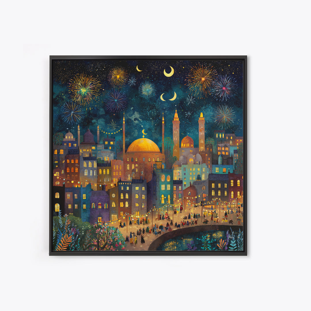 Crescent Moon City Fireworks Wall Art, Whimsical Islamic Canvas Print, Ramadan Decor, Celestial Nursery Art Gift For Kids Room Decor