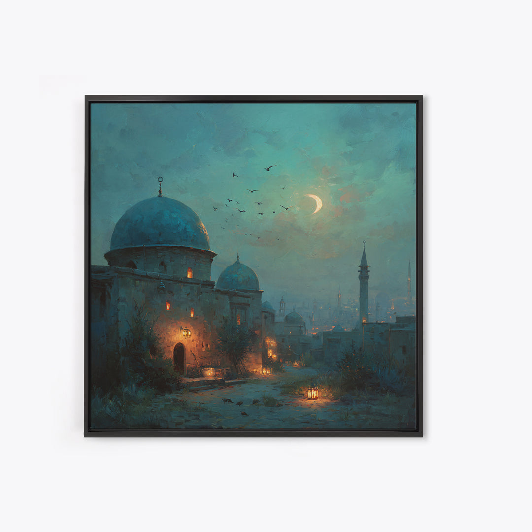 Moonlit Desert Dome Wall Art, Crescent Moon Islamic Architecture Painting, Moroccan Decor, Teal Blue Canvas Print, Ramadan Gift