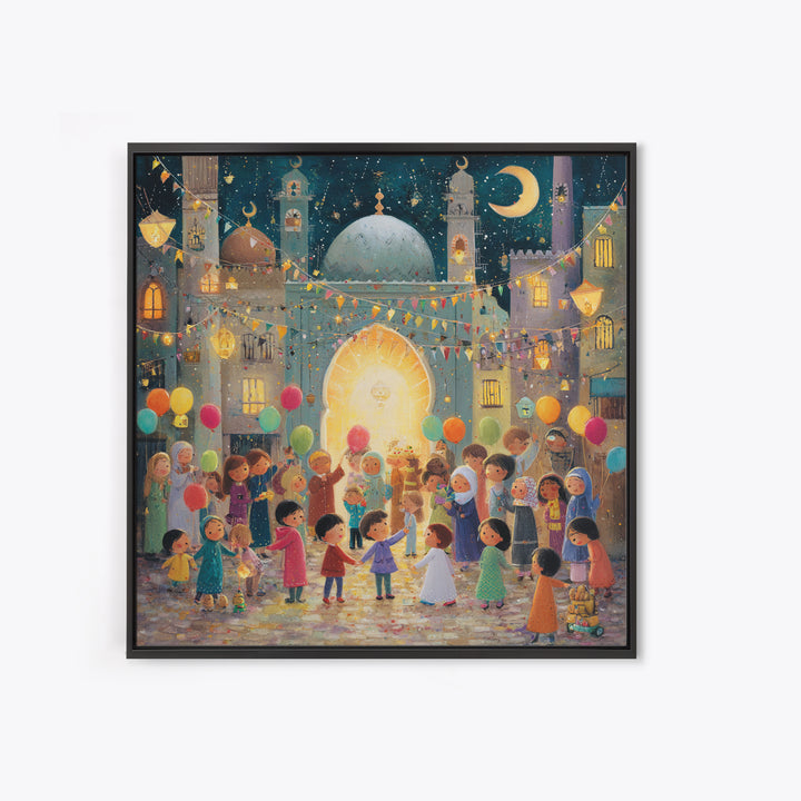 Whimsical Eid Festival Mosque Wall Art, Children With Balloons Islamic Decor, Ramadan Celebration Nursery Art Print Gift