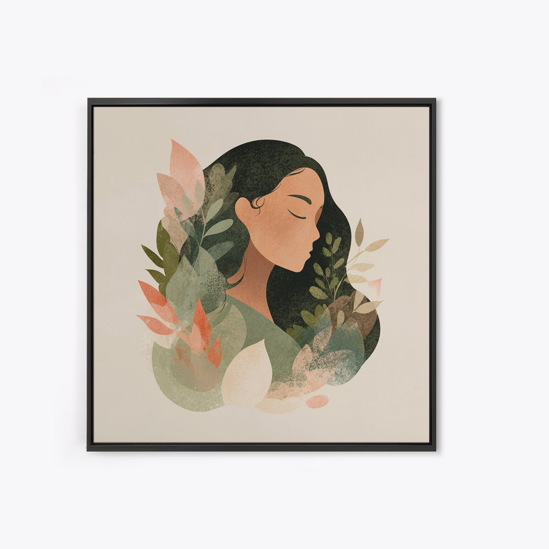 Serene Botanical Woman Portrait Canvas Print, Neutral Boho Wall Decor, Minimalist Art Print For Bedroom Living Room Home Decor