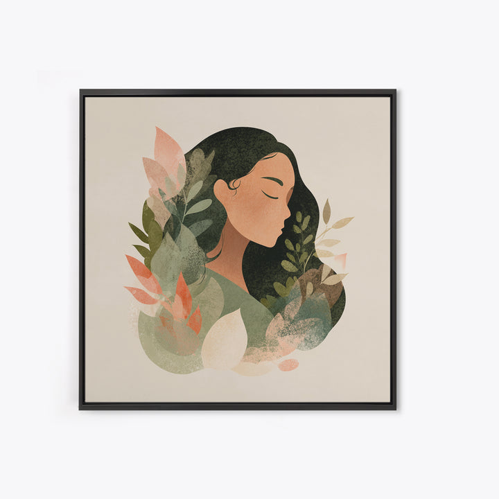 Serene Botanical Woman Portrait Canvas Print, Neutral Boho Wall Decor, Minimalist Art Print For Bedroom Living Room Home Decor
