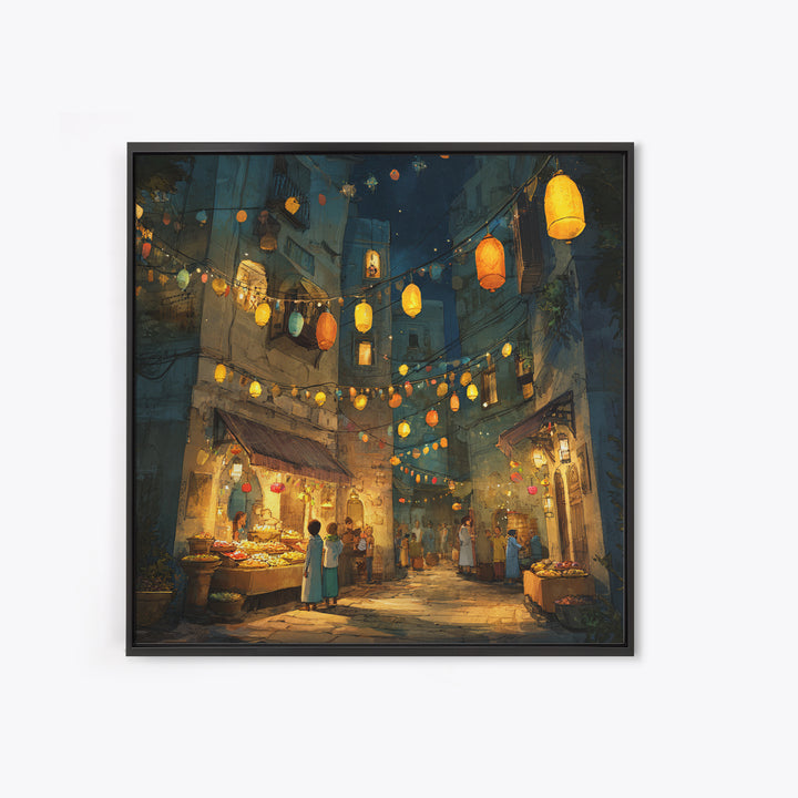 Glowing Lantern Night Market Alley With Food Stalls Wall Art, Moroccan Decor, Mediterranean Travel Poster, Kitchen Wall Art